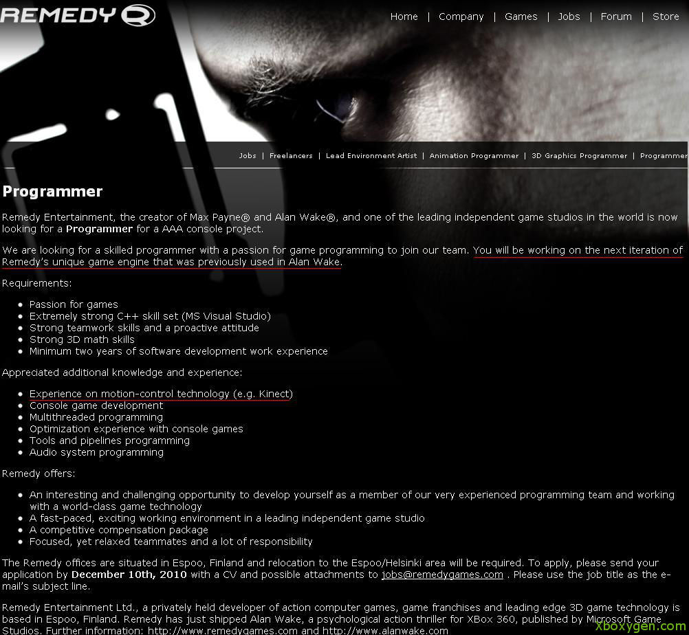 Remedy : jeu Kinect et moteur Alan Wake ?