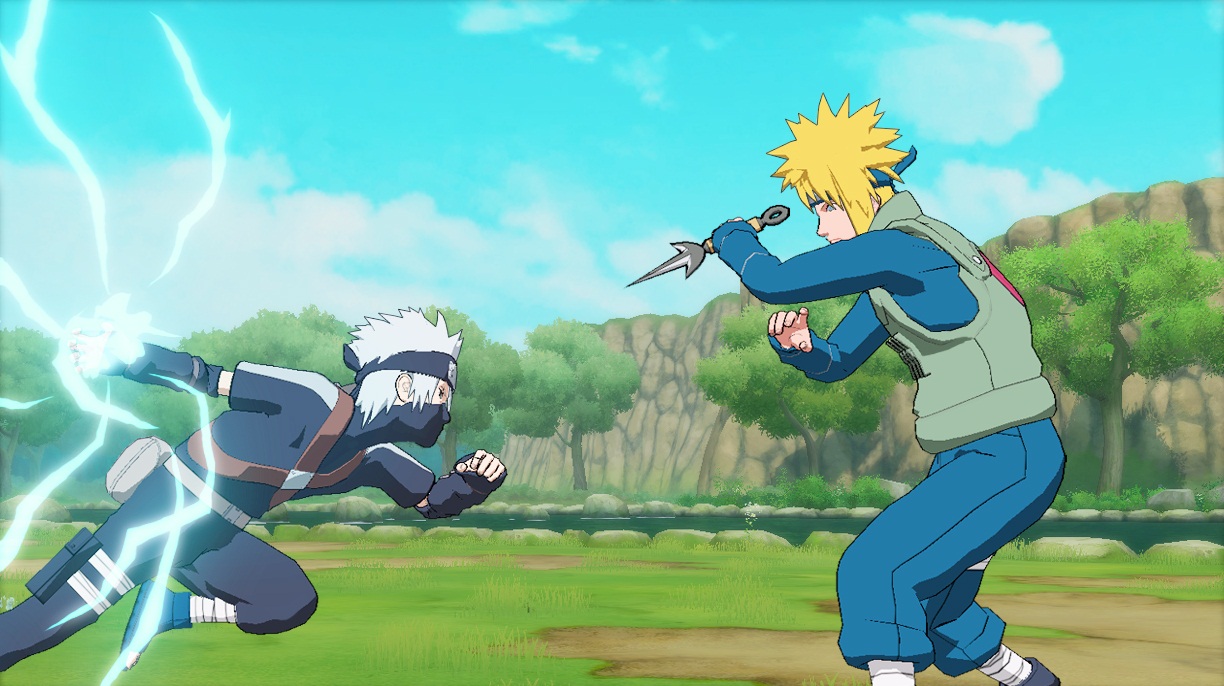 Kakashi jeune face à son maître, l'Eclair Jaune.