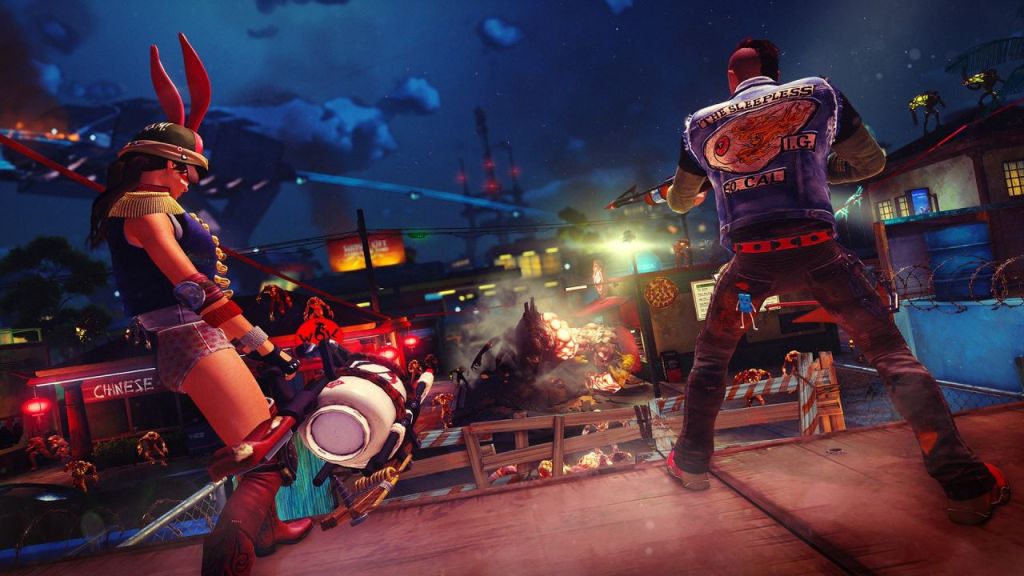 Sunset Overdrive : un personnage en jupe le long des murs
