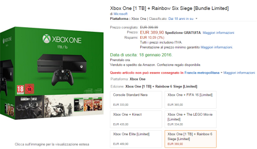 News : Un pack Xbox One 1 TO + Rainbow Six Siege vu en Italie