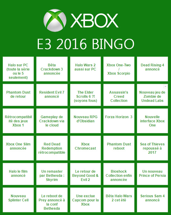 E3 2016 Xbox : le Bingo avant les annonces, jouez avec nous
