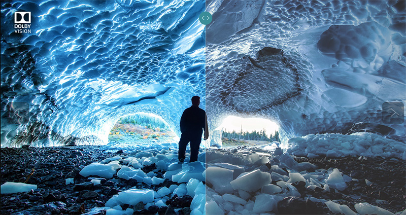 Ci-dessus, une démo provenant de Dolby Vision simulant une image HDR (à gauche) vs une image non HDR (à droite)
