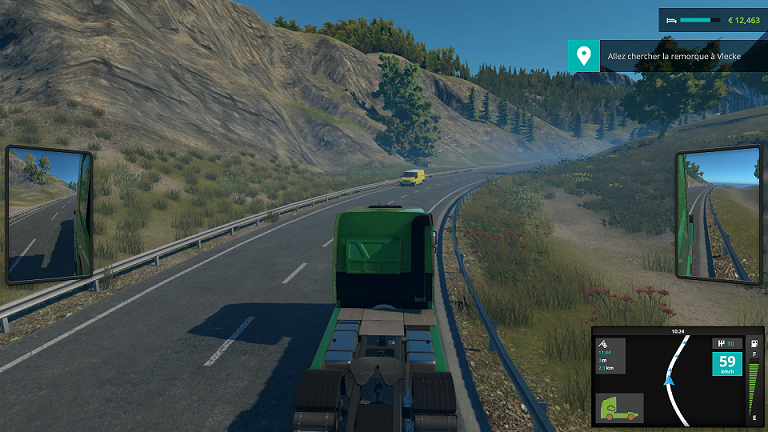 En haut à droite la barre de sommeil et en bas l'état du camion, la vitesse et la jauge d'essence