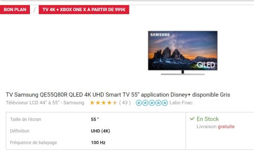Bon plan : [Bon Plan] TV Samsung Qled 55Q80R + pack Xbox One X 1 to à 999€ chez Fnac !