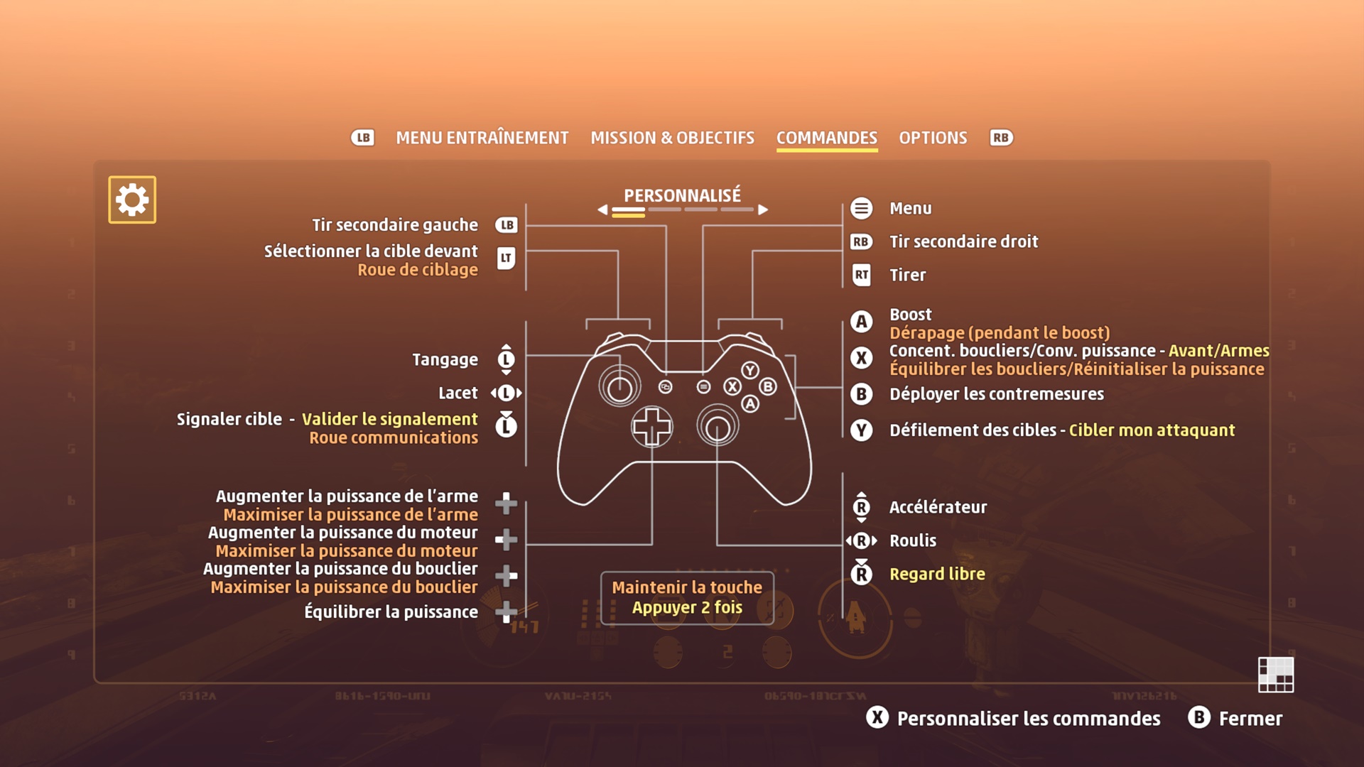 Voici mon mappage de manette, avec le tangage inversé bien sûr