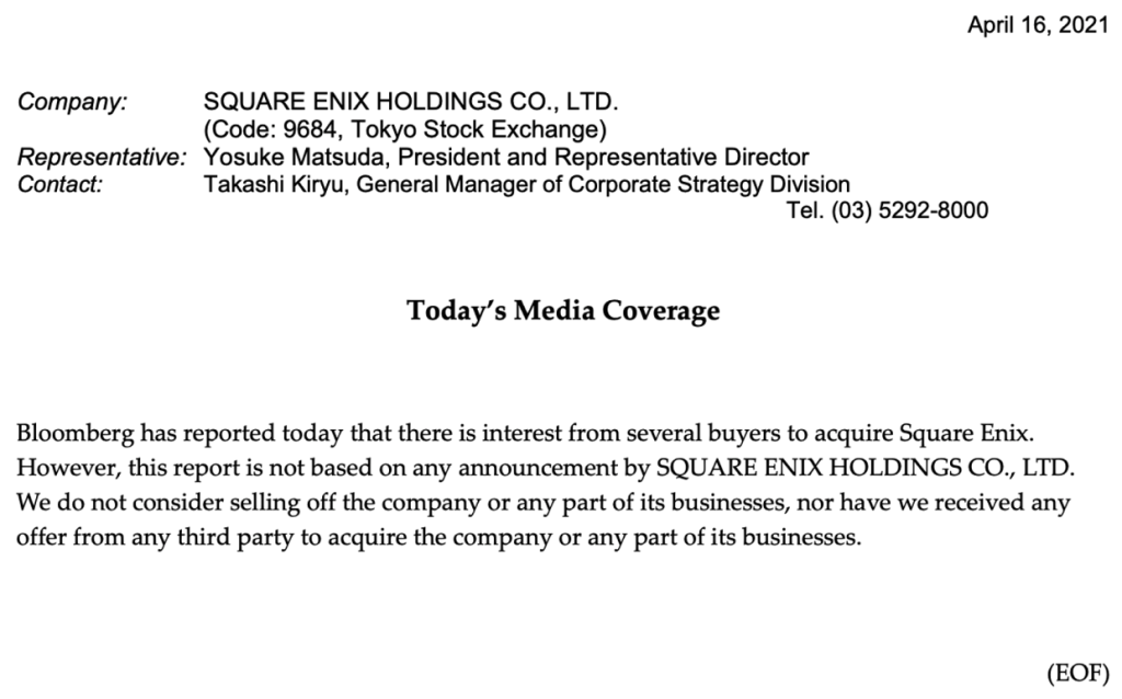 Square Enix coupe court aux rumeurs de rachat lancées par Bloomberg