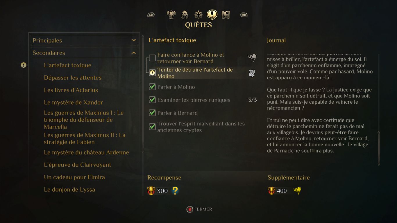 Le gestionnaire de quêtes est complet et efficace