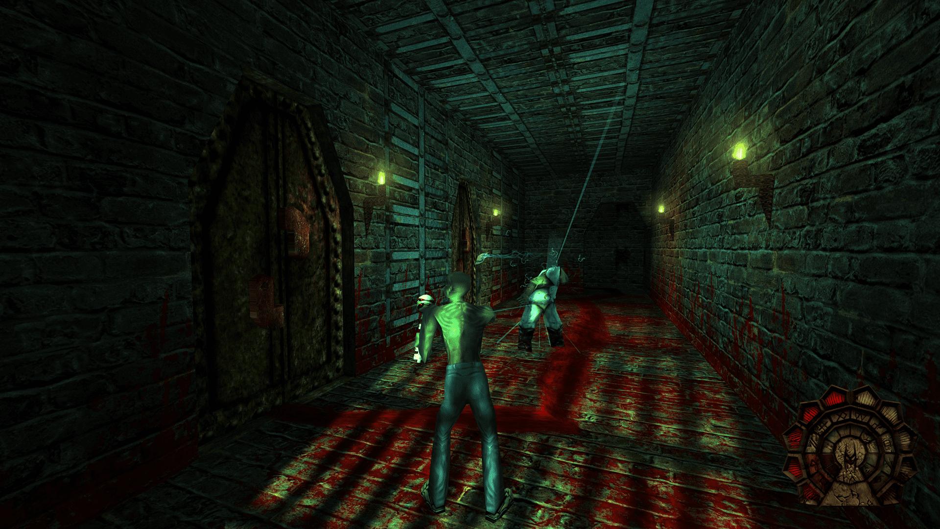 Un couloir à l’image du jeu : sombre et sanglant.