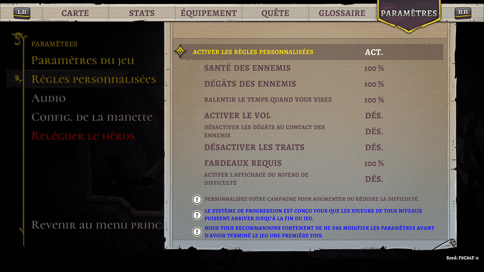 Les “Règles personnalisées” permettent d’ajuster le niveau de difficulté.