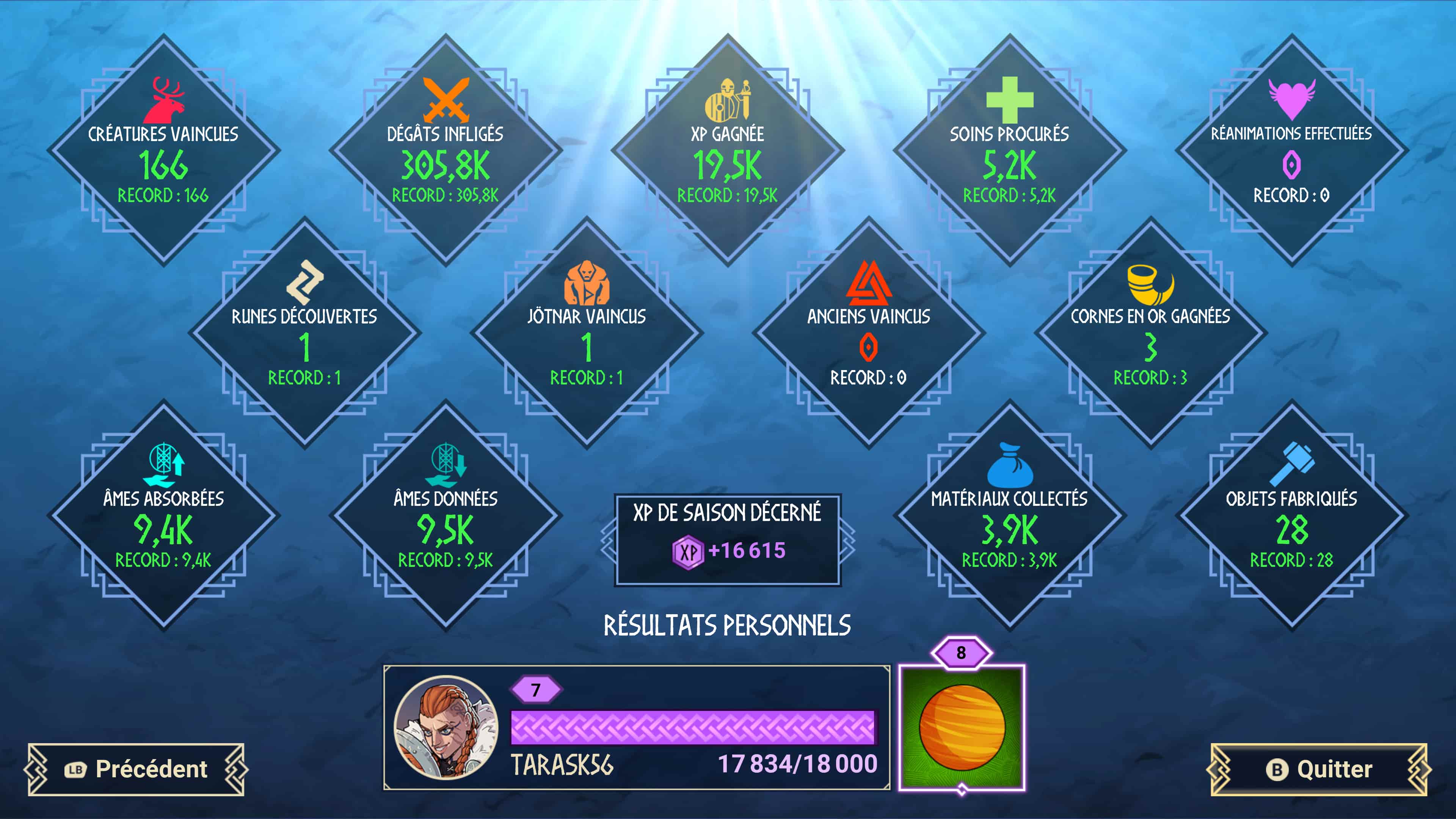 Ce tableau de statistiques s'affiche lorsque l'on évacue par le Bifrost.