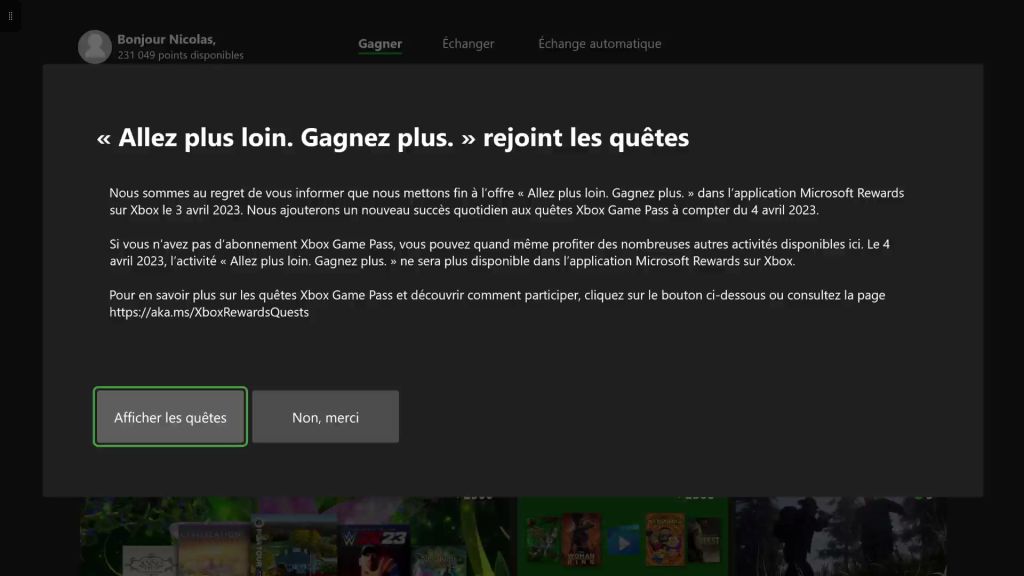 Xbox remplace la carte Microsoft Rewards quotidienne de 50 points par une quête Game Pass
