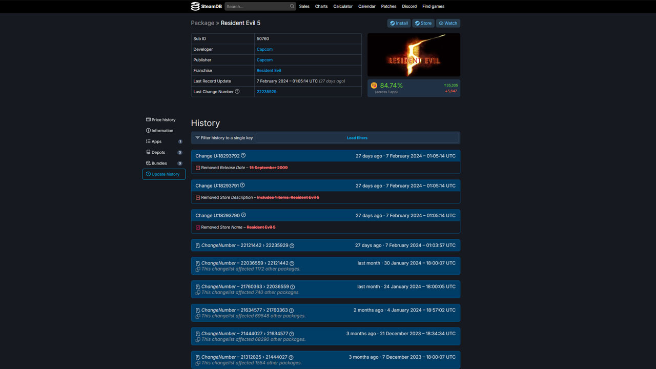 Paquet "Resident Evil 5" avec suppression du nom, de la date et de la description