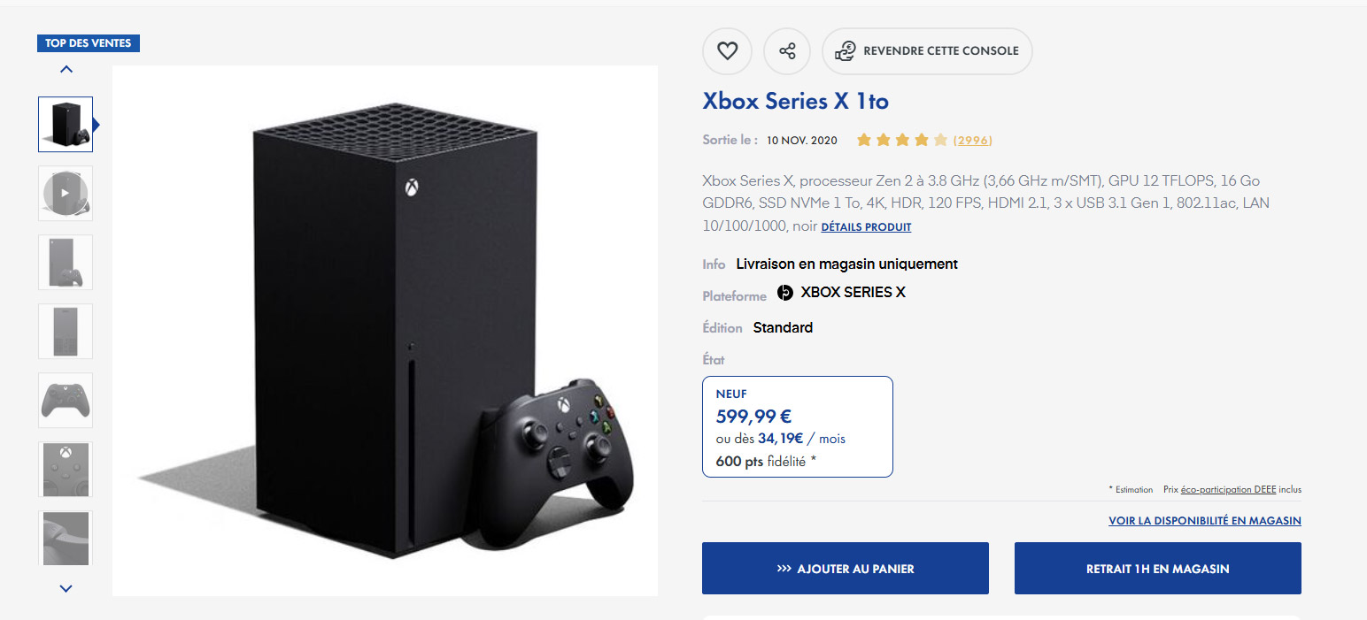 Prix de la Xbox Series X chez Micromania au 01 mai 2025