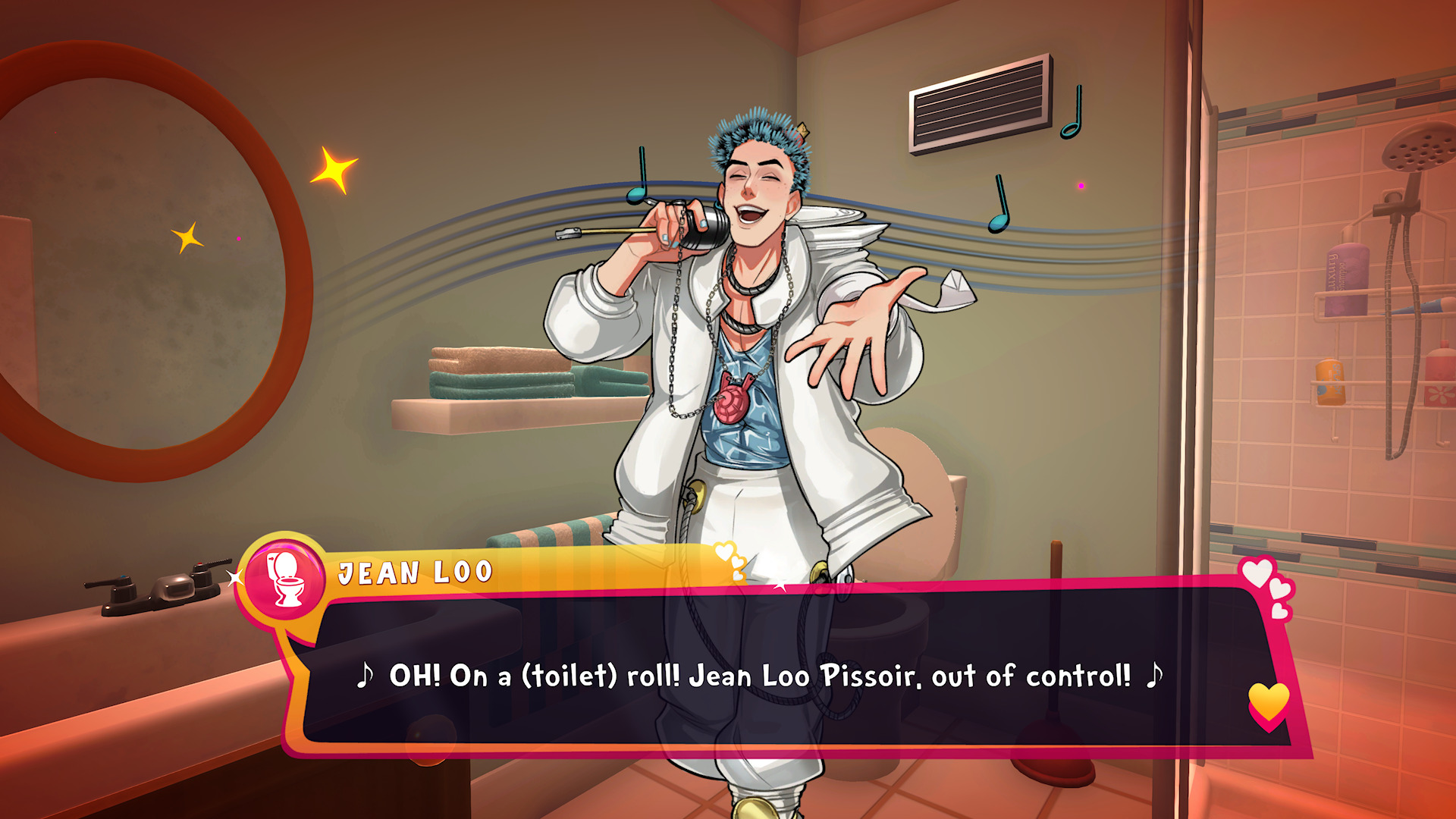 Les toilettes sont représentées par un français qui rap sur un beat box de pets et de chasse d'eau...