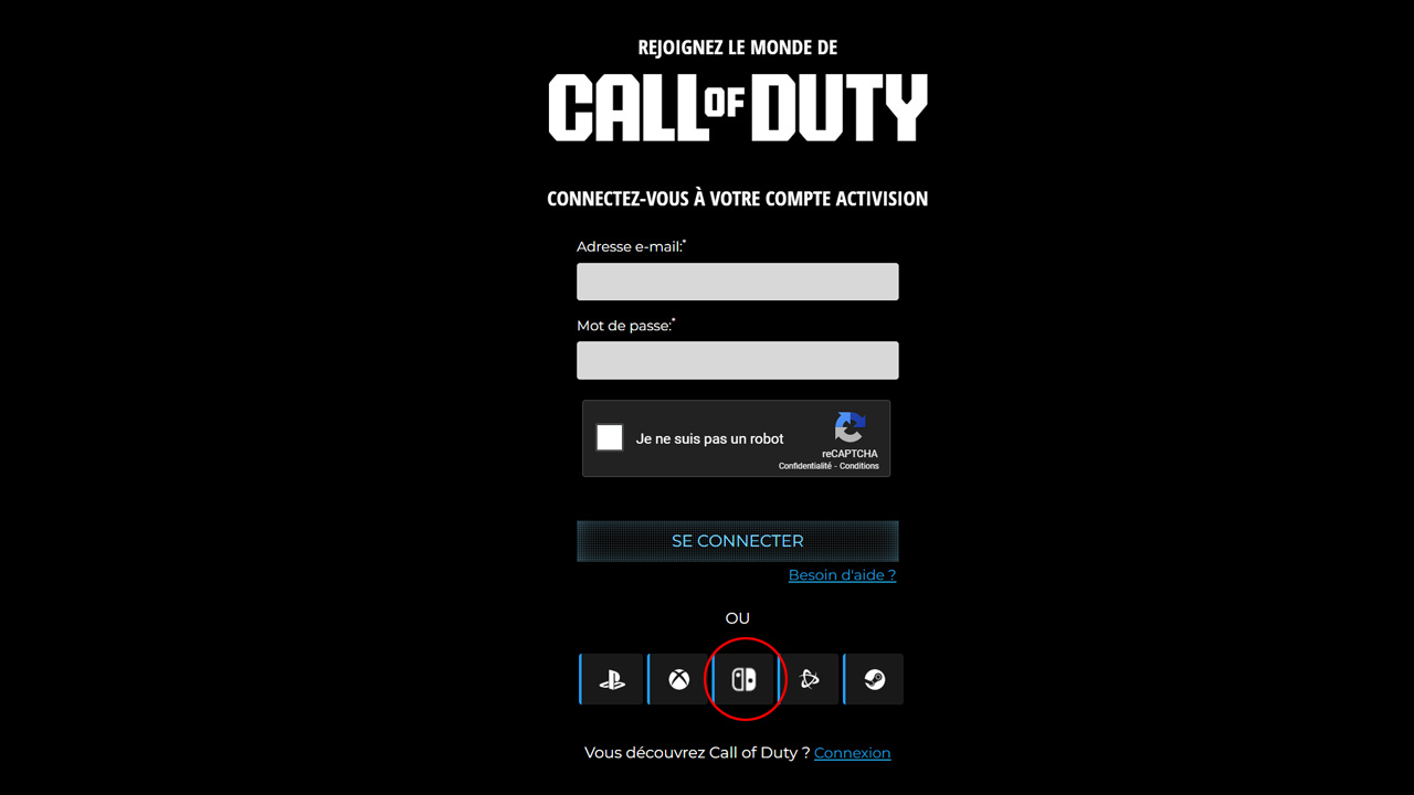 Login Nintendo caché sur le site Activision - capture Xboxygen