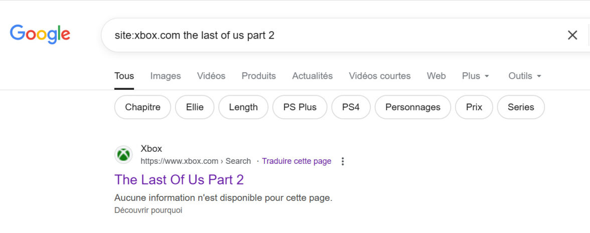 Résultat de recherche Google de la page "The Last of Us Part 2" du site Xbox.com.