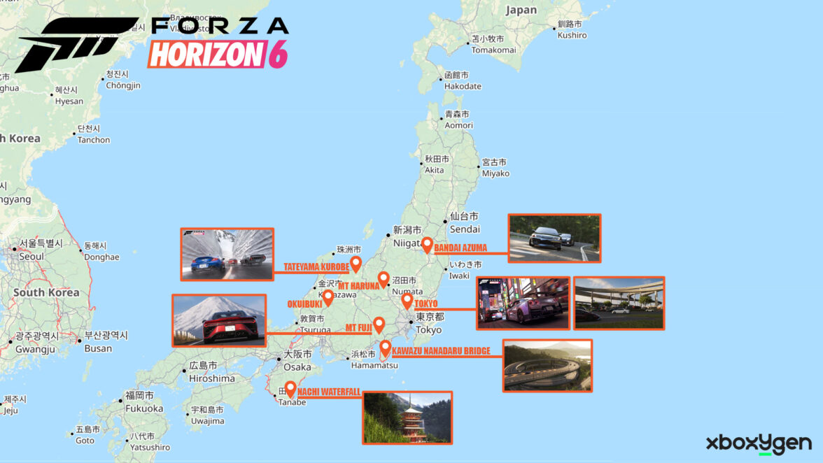 Carte de Forza Horizon 6 au Japon avec régions et villes